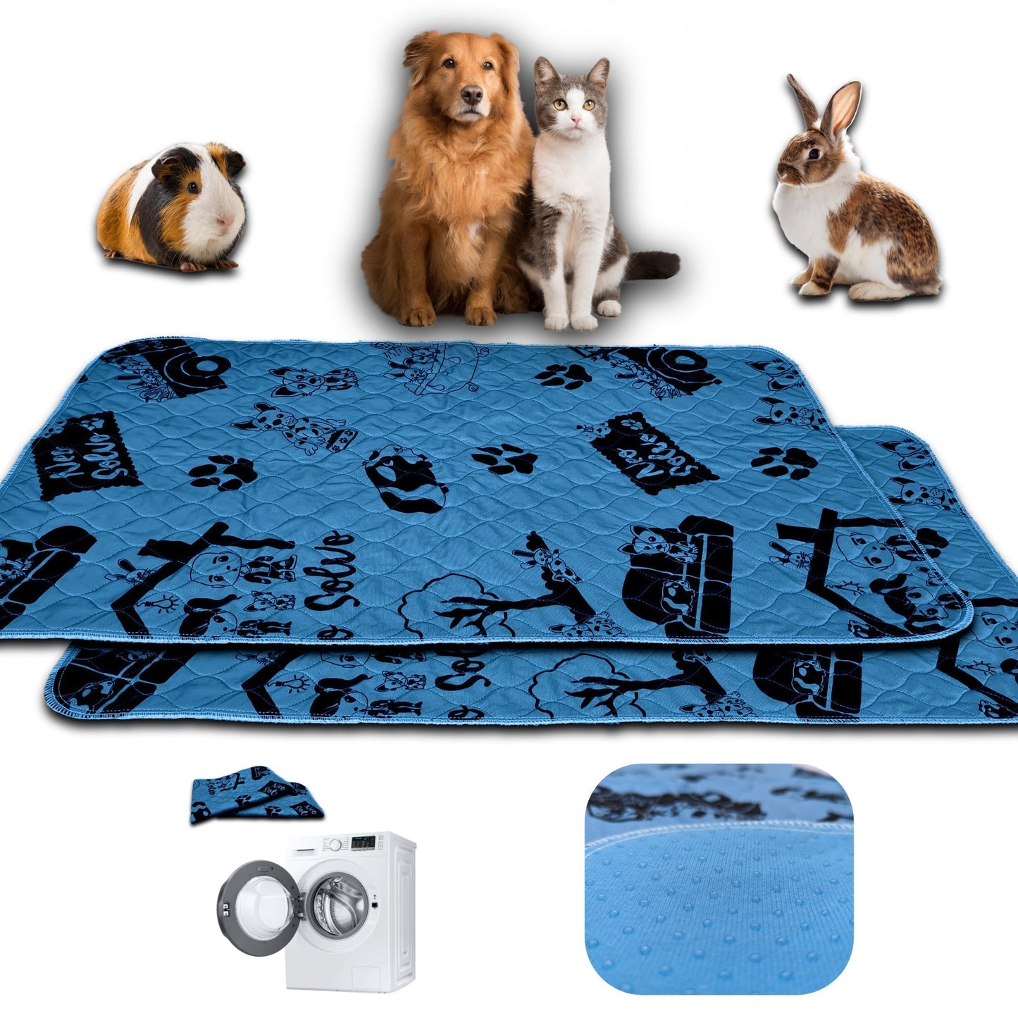 Washable Pee Pad - Absorbent Reusable Waterproof Non-Slip - for Dog, Bunny, Guinea Pig, Cat - Perfect for Potty Training - Available in various sizes