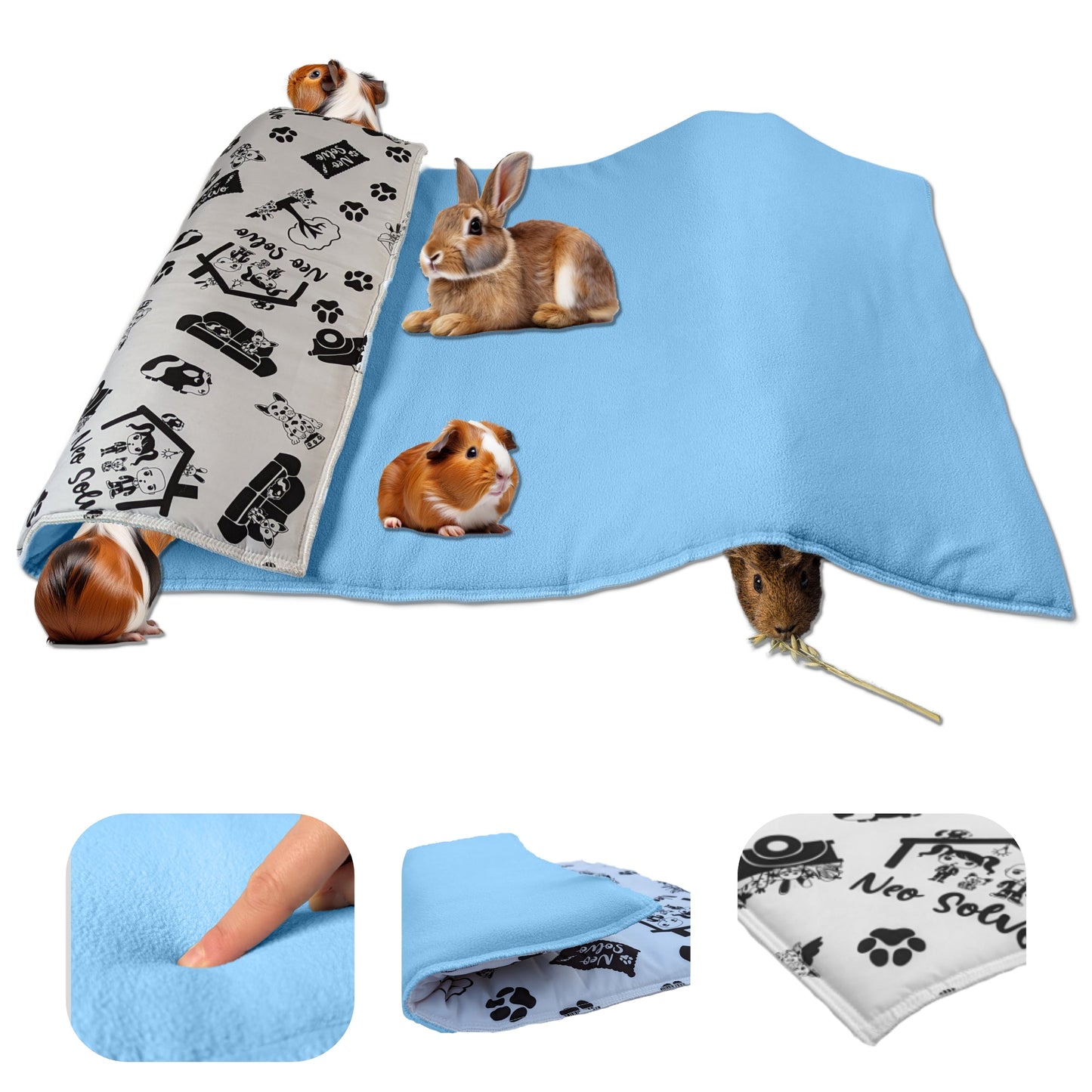 Fleece Playground for Guinea Pig and Bunny - All in One, it's a Blanket, a Giant Tunnel, a House, a Cushion and a Bed - Available in various colors and sizes