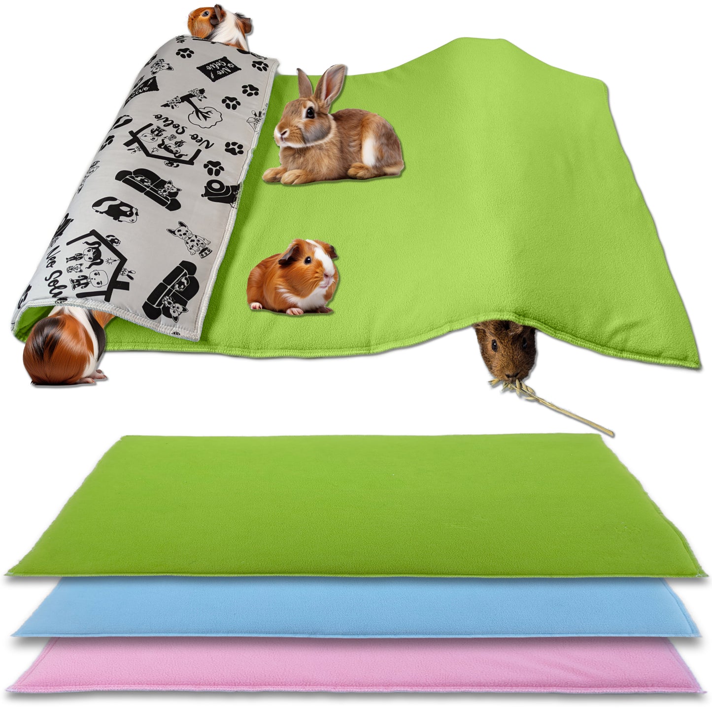 Fleece Playground for Guinea Pig and Bunny - All in One, it's a Blanket, a Giant Tunnel, a House, a Cushion and a Bed - Available in various colors and sizes